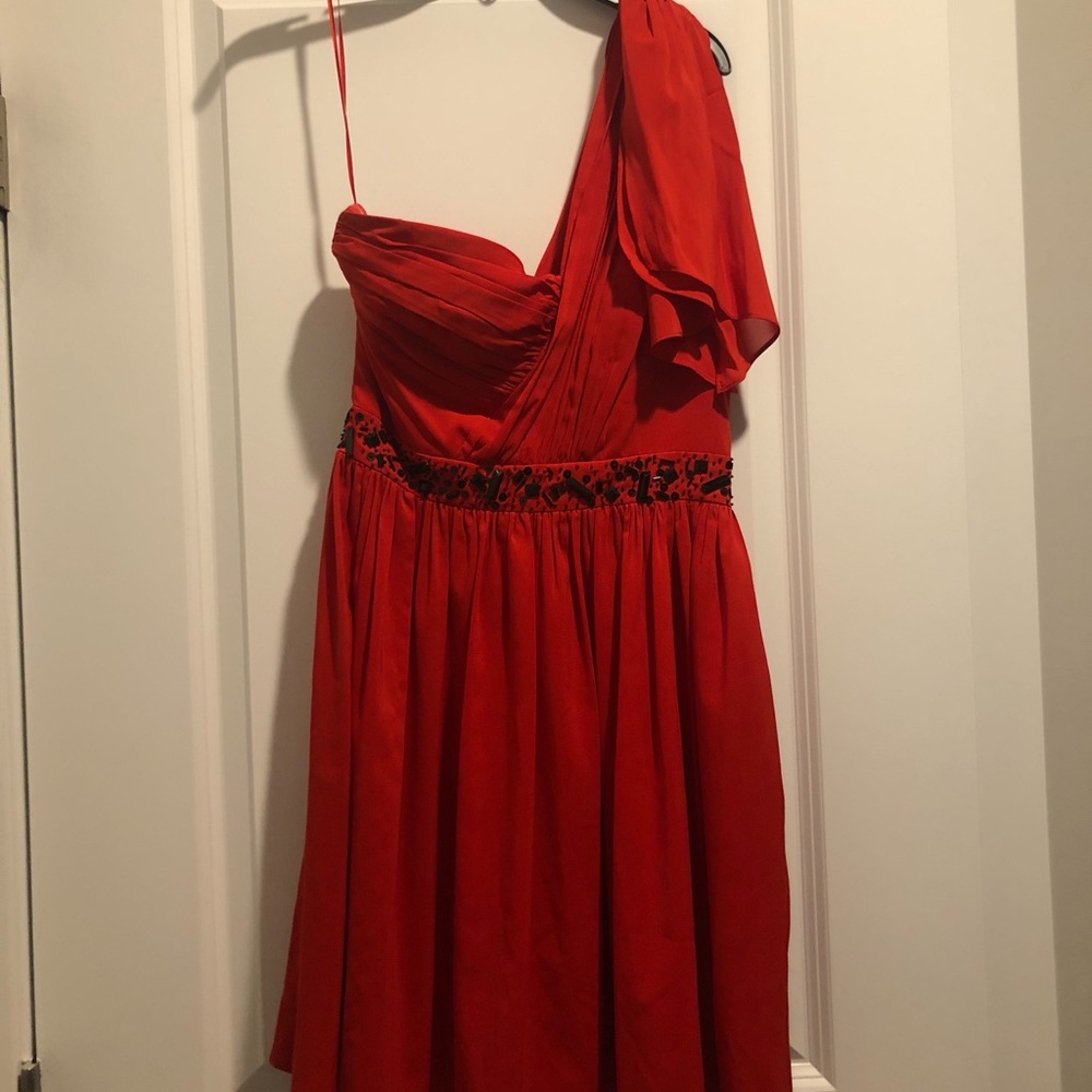 COPY - Jessica Simpson Dress Size 4 One Shoulder Beaded Chiffon Tango Red
